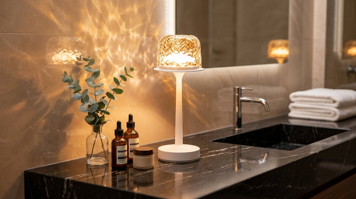 Waterproof shower lamp with ocean wave RGB lighting in a home spa bathroom