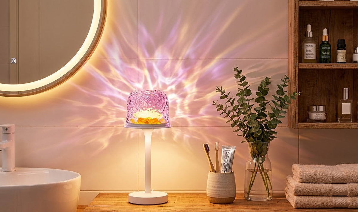 Waterproof shower mood light with ocean wave projection in small bathroom
