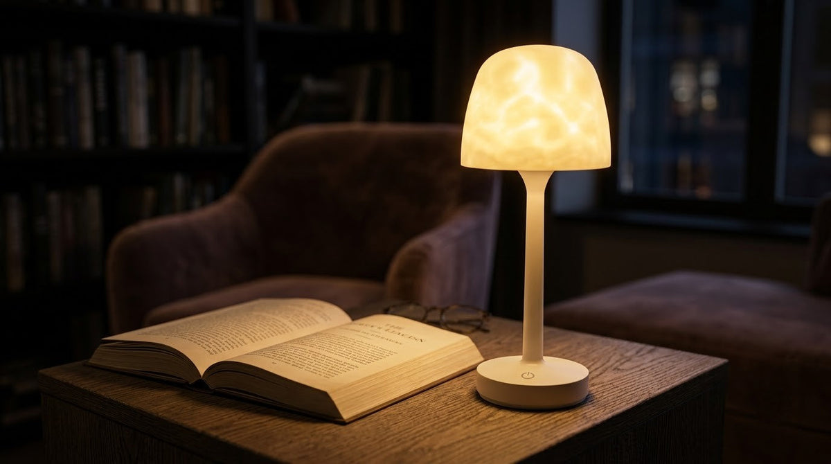 Cozy reading corner with warm ambient lighting, armchair, and soft textures