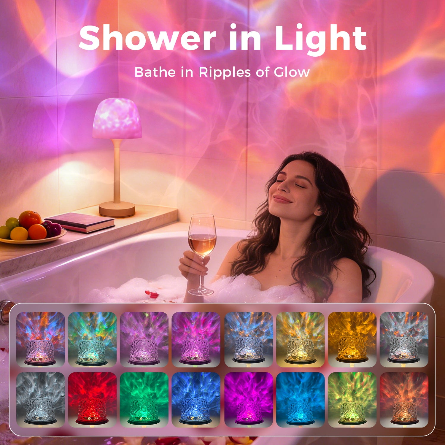 Waterproof shower lamp set creating colorful RGB ambiance in bathroom - 16 color modes shown, woman relaxing in bathtub