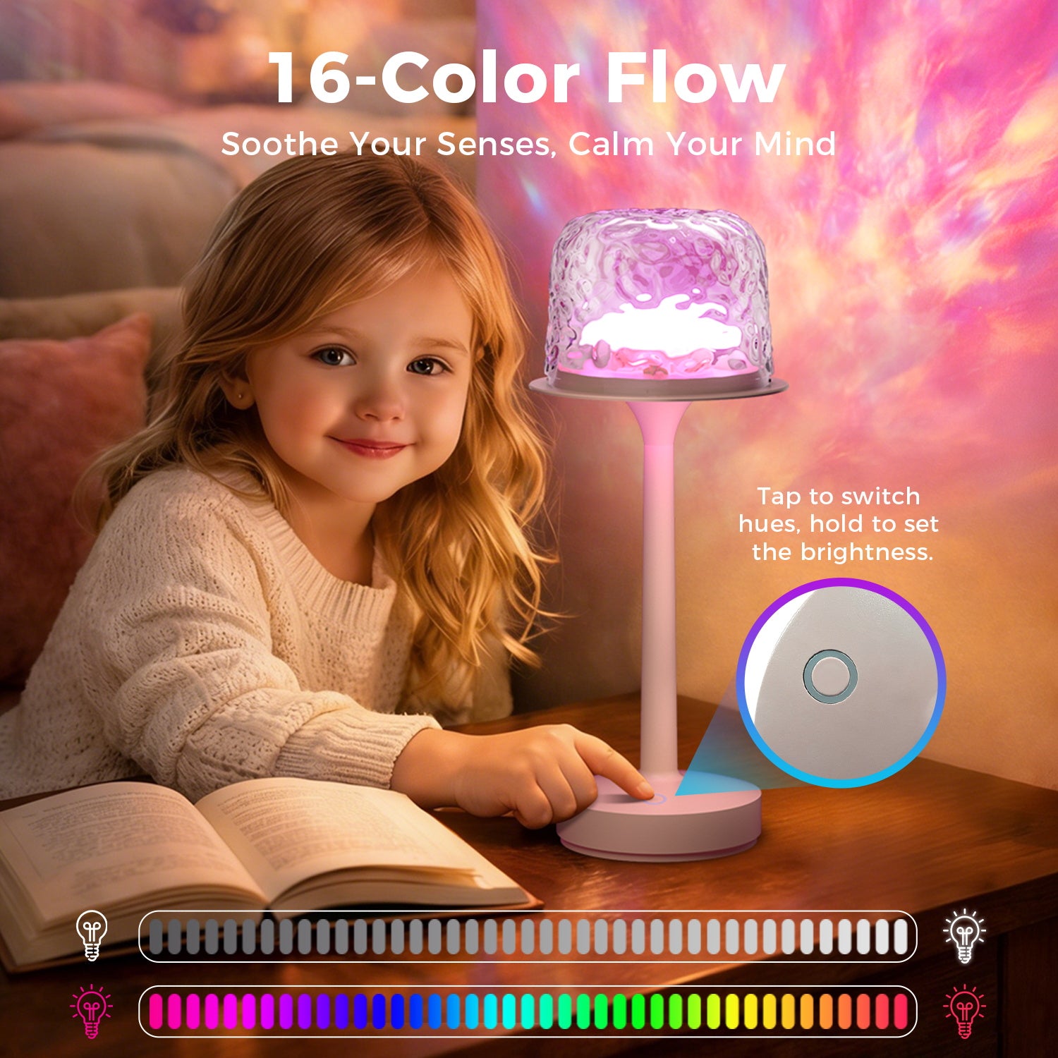 RGB shower lamp set with 16-color flow mode and touch control - tap to switch hues, hold to adjust brightness