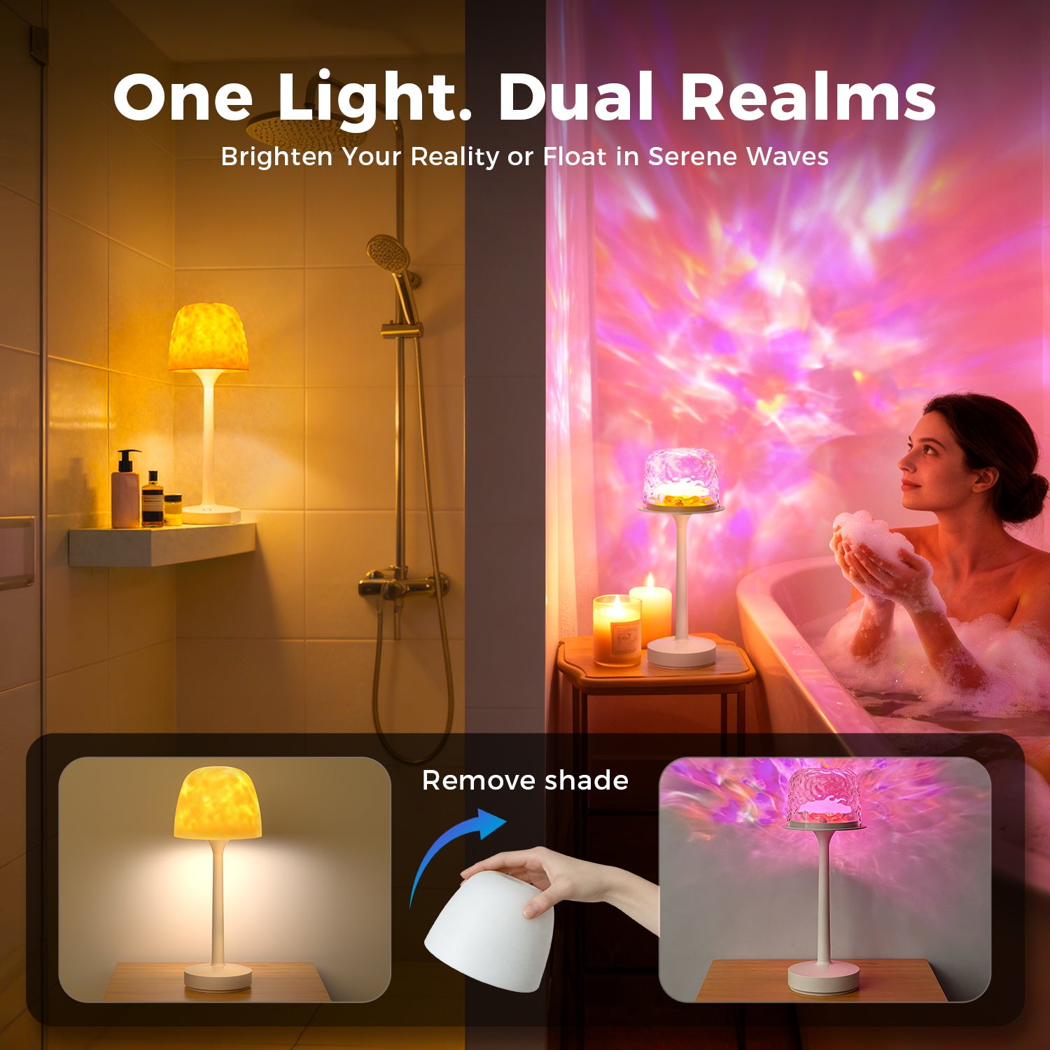 Waterproof shower lamp set dual mode - bright white light for shower room vs colorful ocean wave projection for bath relaxation, removable shade design