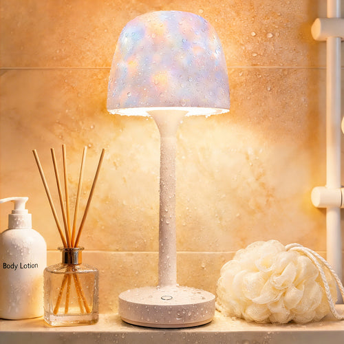 YJHAOTOU waterproof shower lamp set in off-white, glowing with colorful RGB light in a bathroom setting